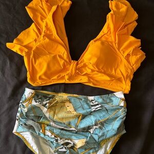 2pc yellow ruffle top swimwear size L